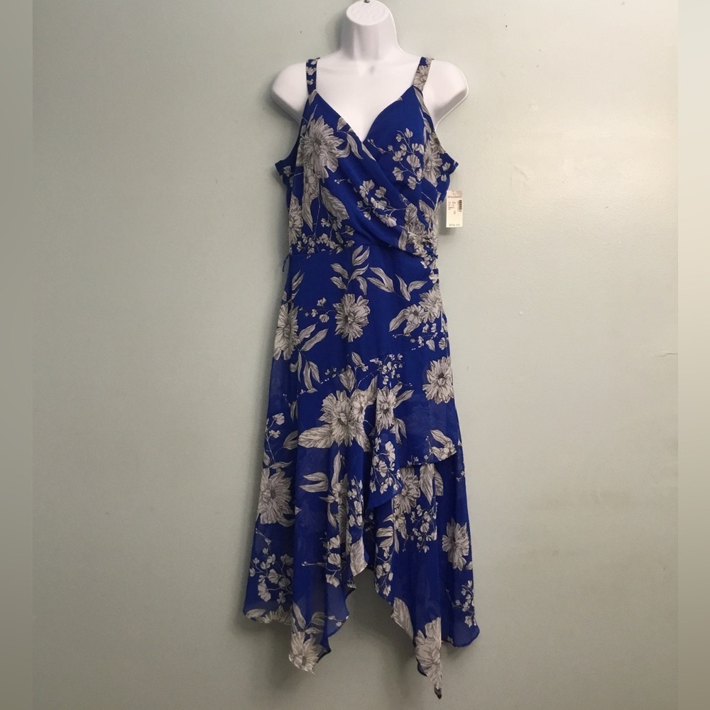 ROZ & ALI Elegant Blue and White Floral High Low Dress